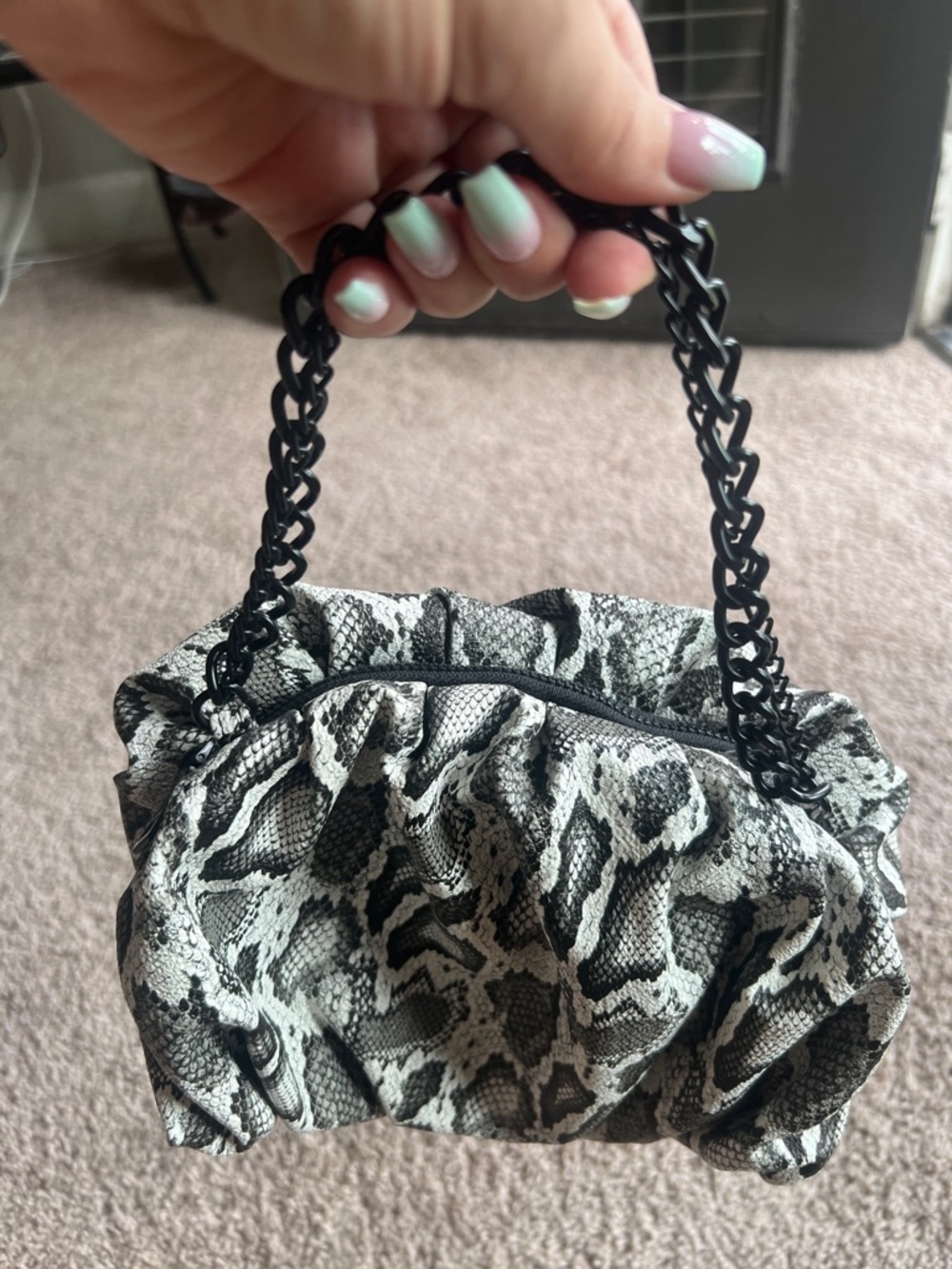 Steve Madden Black and Cream Snake-Print Mini Bag with Chain Handle